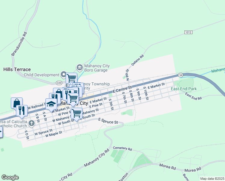 map of restaurants, bars, coffee shops, grocery stores, and more near 527 East Centre Street in Mahanoy City