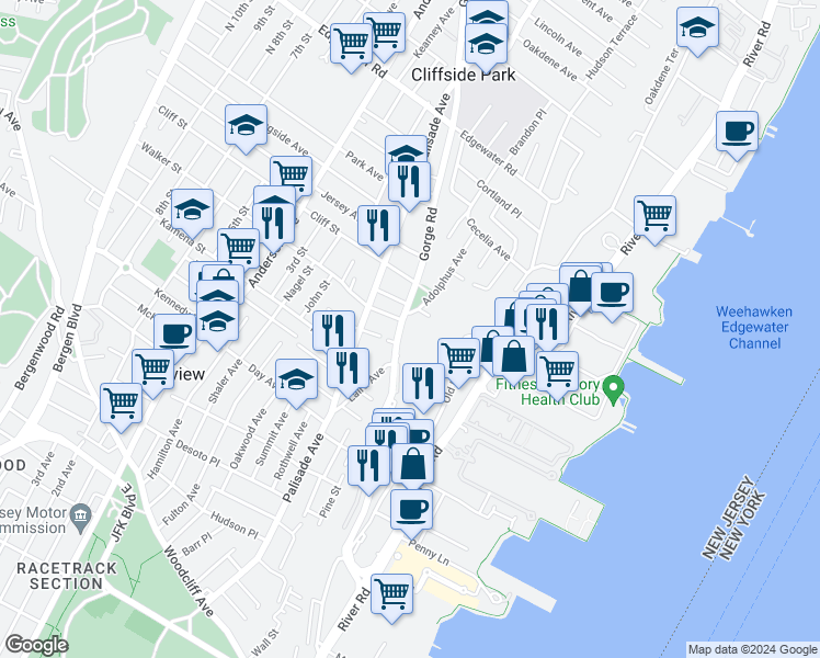 map of restaurants, bars, coffee shops, grocery stores, and more near 300 Gorge Road in Cliffside Park