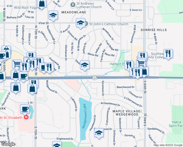 map of restaurants, bars, coffee shops, grocery stores, and more near 7800 O Street in Lincoln