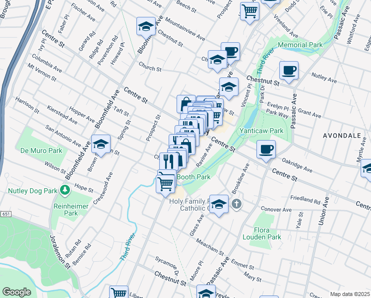 map of restaurants, bars, coffee shops, grocery stores, and more near 160 Franklin Avenue in Nutley