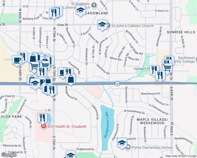 map of restaurants, bars, coffee shops, grocery stores, and more near 7601 West Rio Road in Lincoln