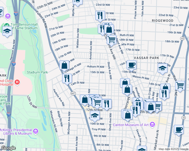 map of restaurants, bars, coffee shops, grocery stores, and more near 1120 15th Street Northwest in Canton