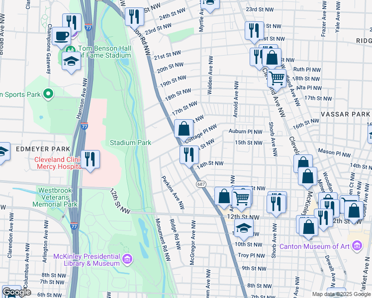 map of restaurants, bars, coffee shops, grocery stores, and more near 1516 Fulton Road Northwest in Canton