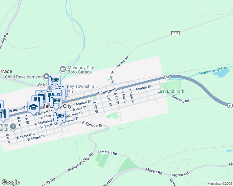 map of restaurants, bars, coffee shops, grocery stores, and more near 803 East Market Street in Mahanoy City