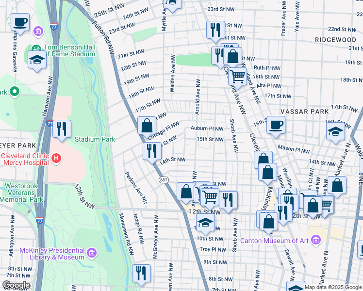map of restaurants, bars, coffee shops, grocery stores, and more near 1414 Piper Court Northwest in Canton