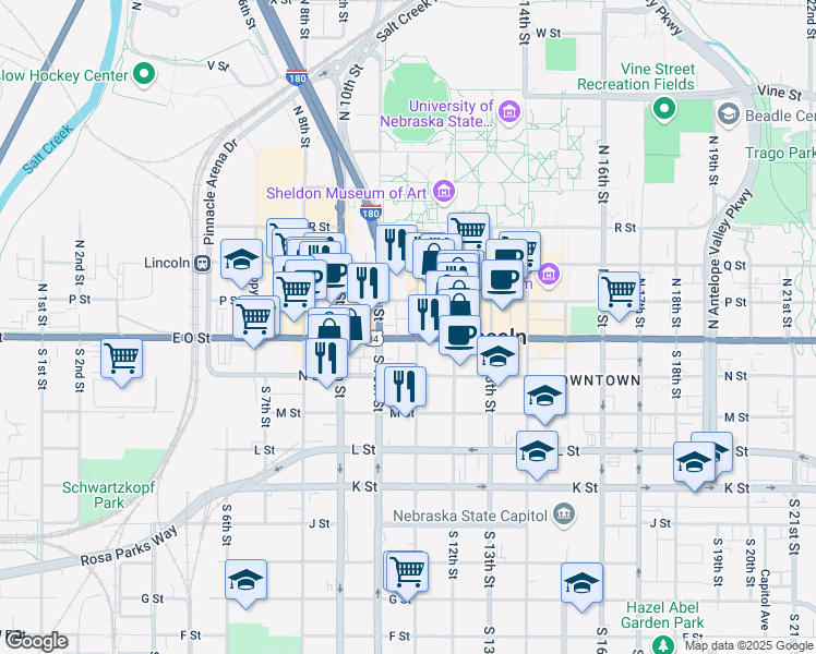 map of restaurants, bars, coffee shops, grocery stores, and more near 1005 O Street in Lincoln