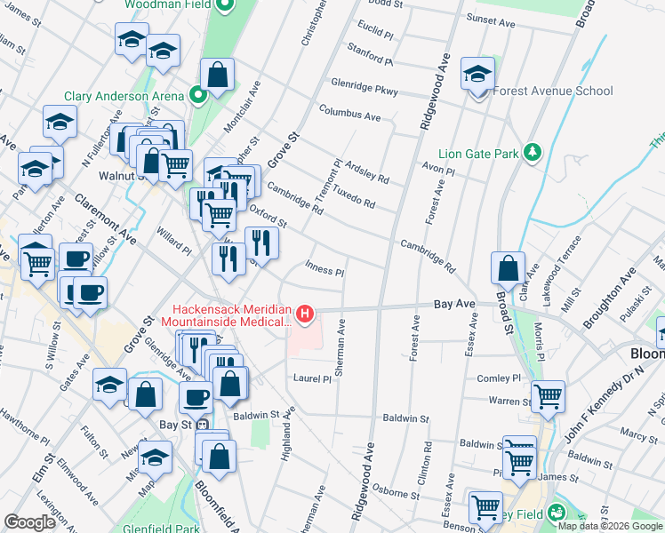 map of restaurants, bars, coffee shops, grocery stores, and more near 5 Inness Place in Glen Ridge