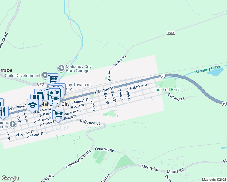 map of restaurants, bars, coffee shops, grocery stores, and more near 803 East Market Street in Mahanoy City