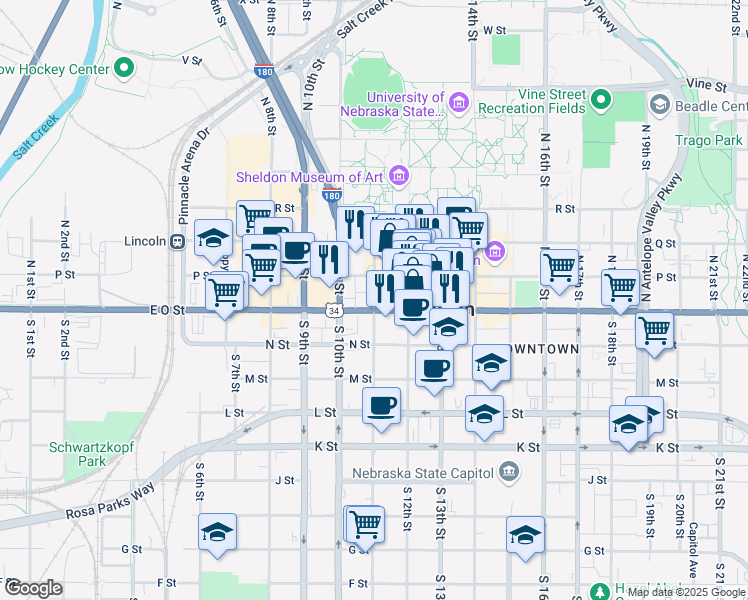map of restaurants, bars, coffee shops, grocery stores, and more near 113 North 11th Street in Lincoln