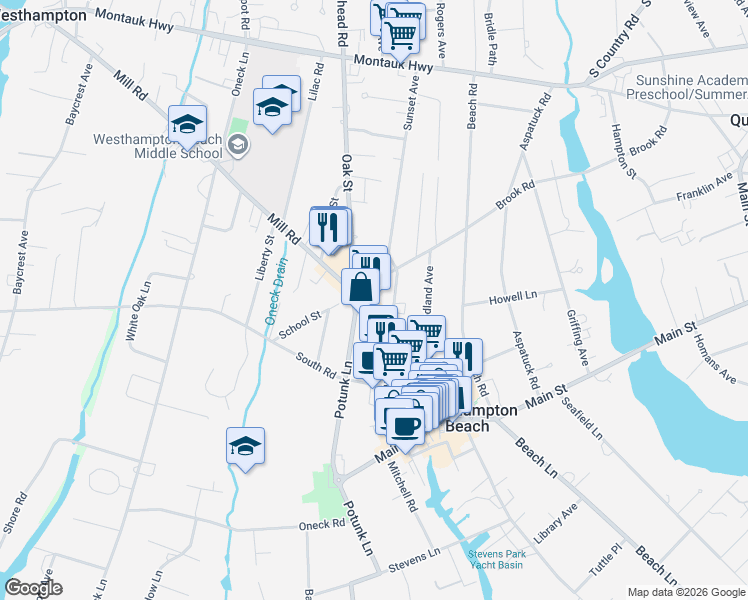 map of restaurants, bars, coffee shops, grocery stores, and more near 142 Mill Road in Westhampton Beach