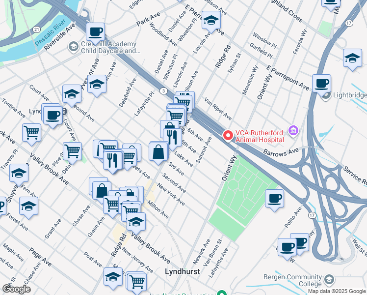 map of restaurants, bars, coffee shops, grocery stores, and more near 625 Lake Avenue in Lyndhurst