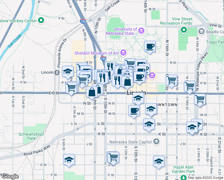 map of restaurants, bars, coffee shops, grocery stores, and more near 113 North 11th Street in Lincoln