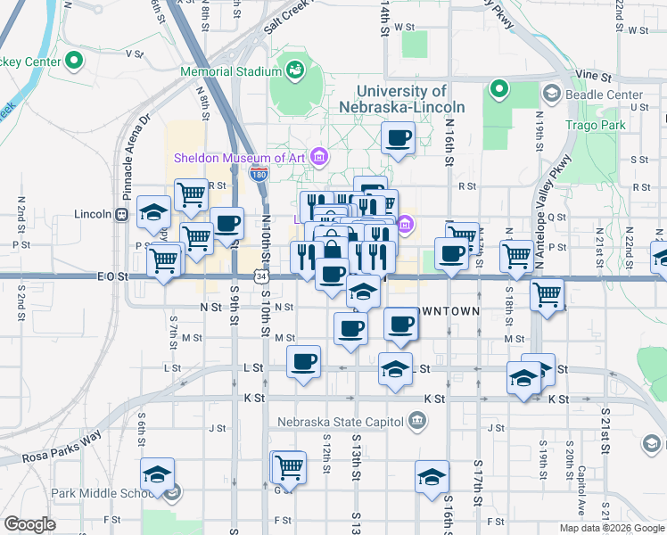 map of restaurants, bars, coffee shops, grocery stores, and more near 1248 O Street in Lincoln