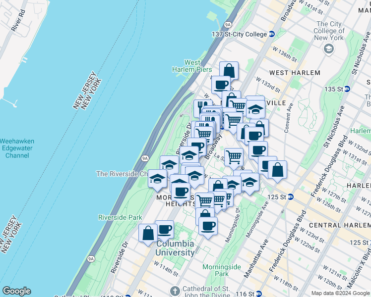 map of restaurants, bars, coffee shops, grocery stores, and more near 500 Riverside Drive in New York