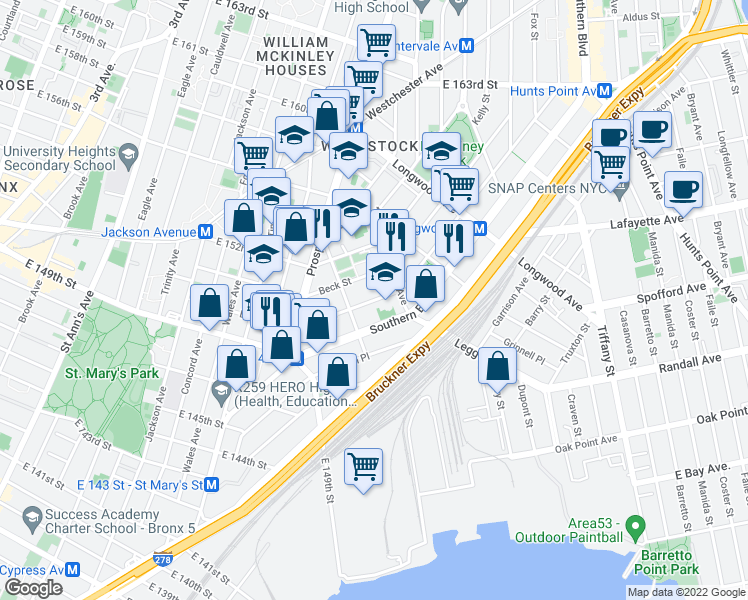 map of restaurants, bars, coffee shops, grocery stores, and more near Fox Street in Bronx