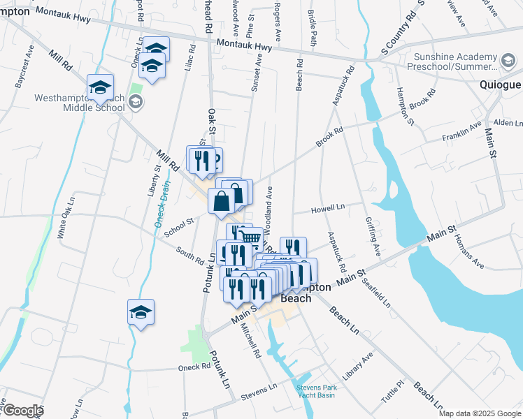 map of restaurants, bars, coffee shops, grocery stores, and more near 19 Woodland Avenue in Westhampton Beach