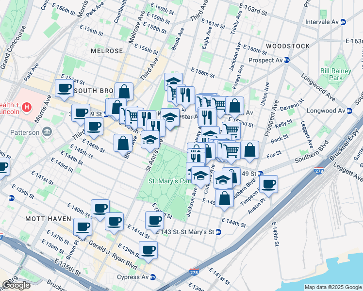 map of restaurants, bars, coffee shops, grocery stores, and more near in The Bronx