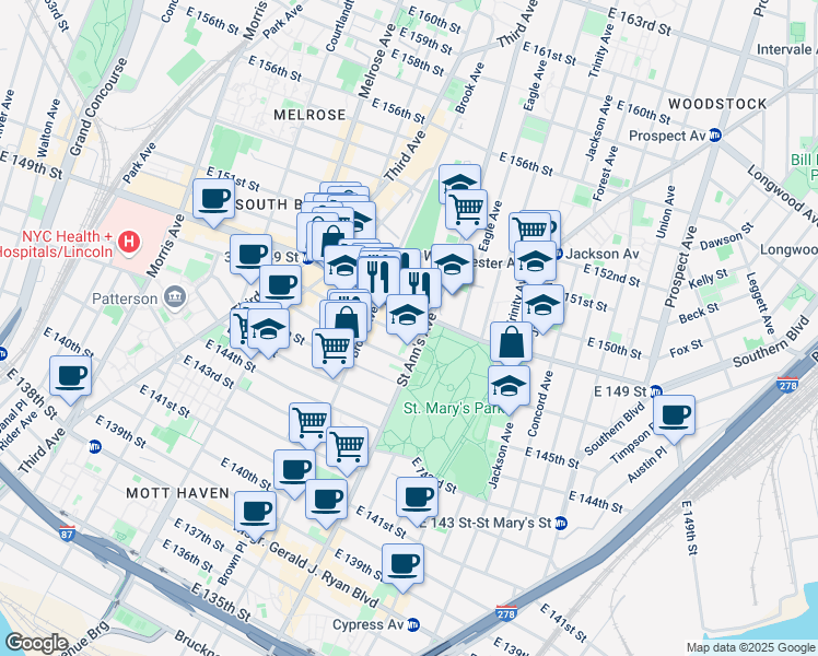 map of restaurants, bars, coffee shops, grocery stores, and more near 51945 Saint Ann's Avenue in Bronx