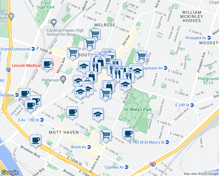 map of restaurants, bars, coffee shops, grocery stores, and more near 502 East 147th Street in The Bronx
