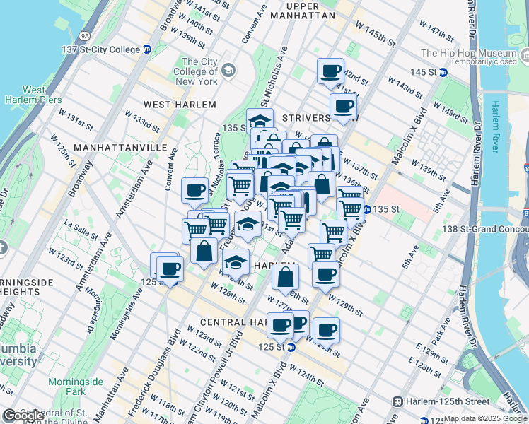 map of restaurants, bars, coffee shops, grocery stores, and more near 237 West 131st Street in New York