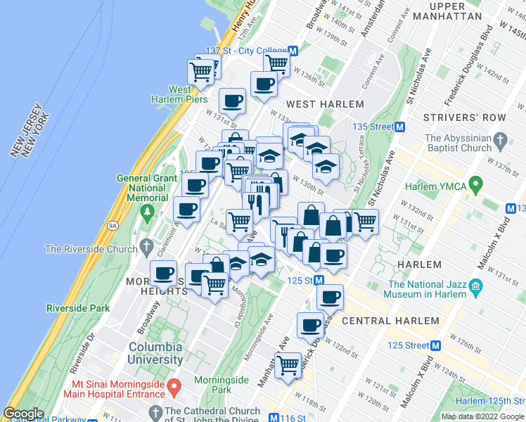 map of restaurants, bars, coffee shops, grocery stores, and more near 1351-1353 Amsterdam Avenue in New York