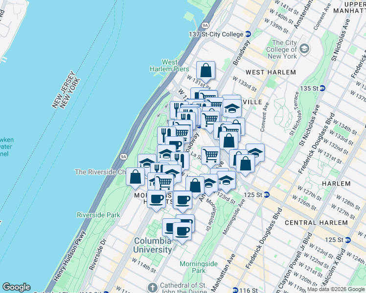 map of restaurants, bars, coffee shops, grocery stores, and more near in New York