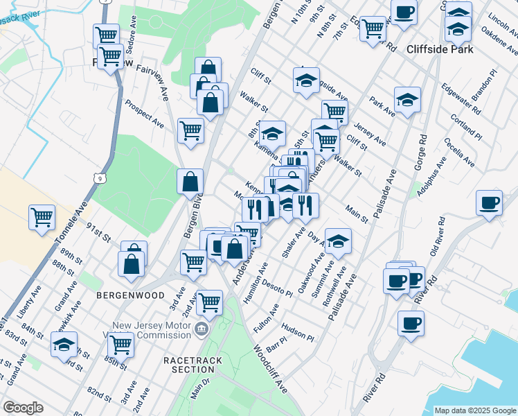 map of restaurants, bars, coffee shops, grocery stores, and more near 367 Henry Street in Fairview