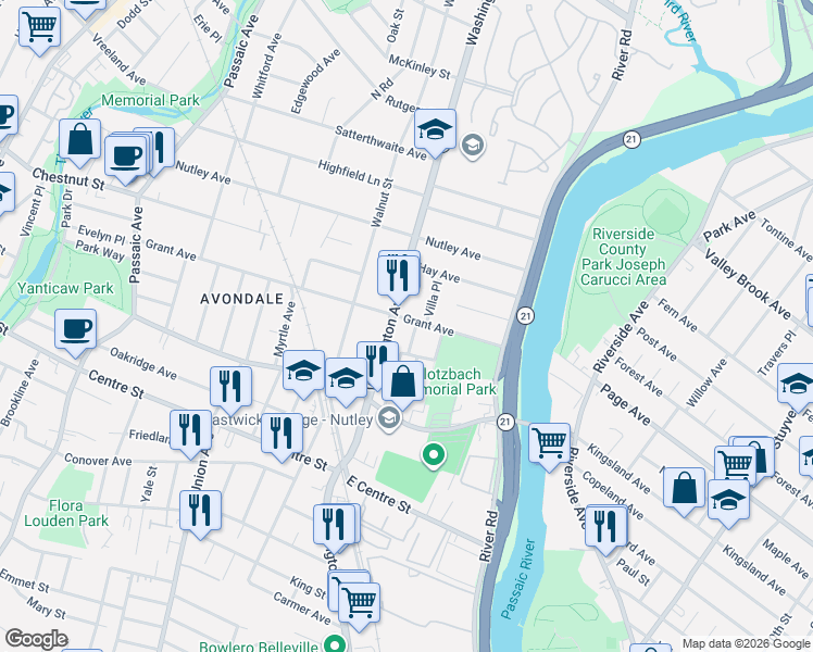 map of restaurants, bars, coffee shops, grocery stores, and more near 11 Spurr Place in Nutley