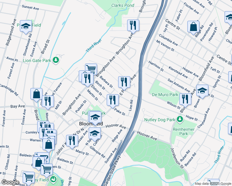 map of restaurants, bars, coffee shops, grocery stores, and more near 50 East Passaic Avenue in Nutley
