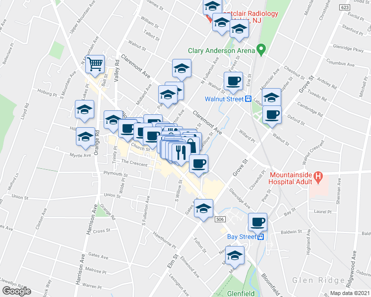 map of restaurants, bars, coffee shops, grocery stores, and more near 8 North Willow Street in Montclair
