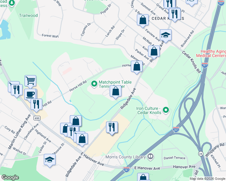 map of restaurants, bars, coffee shops, grocery stores, and more near 120 Vista Drive in Hanover