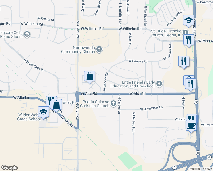 map of restaurants, bars, coffee shops, grocery stores, and more near 2234 West Geneva Road in Peoria