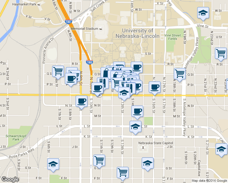 map of restaurants, bars, coffee shops, grocery stores, and more near 1248 O Street in Lincoln