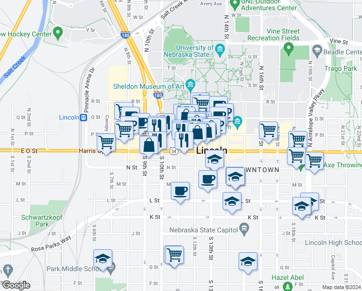 map of restaurants, bars, coffee shops, grocery stores, and more near 1111 O Street in Lincoln