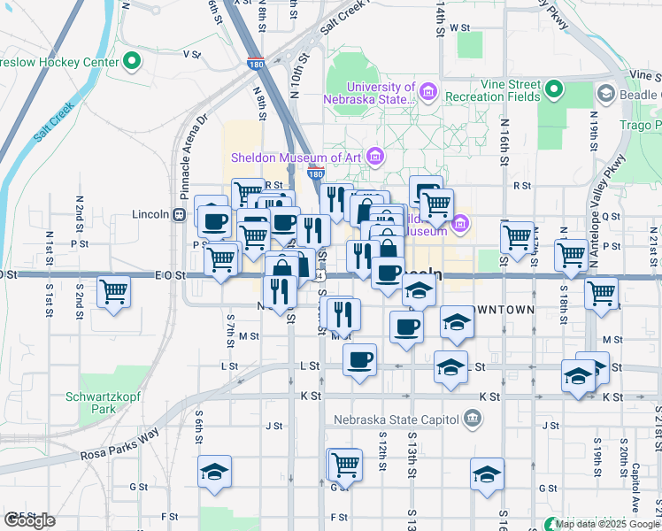 map of restaurants, bars, coffee shops, grocery stores, and more near 1005 O Street in Lincoln