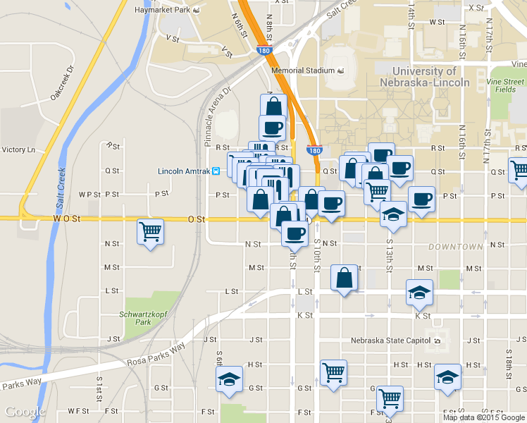 map of restaurants, bars, coffee shops, grocery stores, and more near 700 N Street in Lincoln