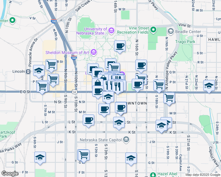 map of restaurants, bars, coffee shops, grocery stores, and more near 1314 O Street in Lincoln