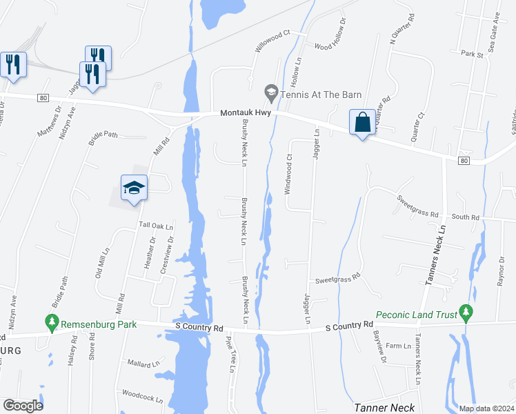 map of restaurants, bars, coffee shops, grocery stores, and more near 28 Brushy Neck Lane in Westhampton