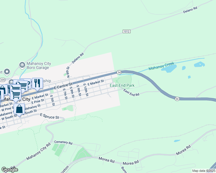 map of restaurants, bars, coffee shops, grocery stores, and more near 1307 East Mahanoy Street in Mahanoy City