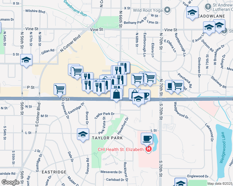 map of restaurants, bars, coffee shops, grocery stores, and more near 6500 O St in Lincoln