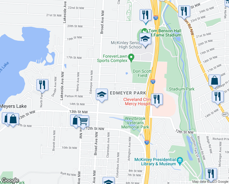 map of restaurants, bars, coffee shops, grocery stores, and more near 4600 Clarendon Avenue Northwest in Canton