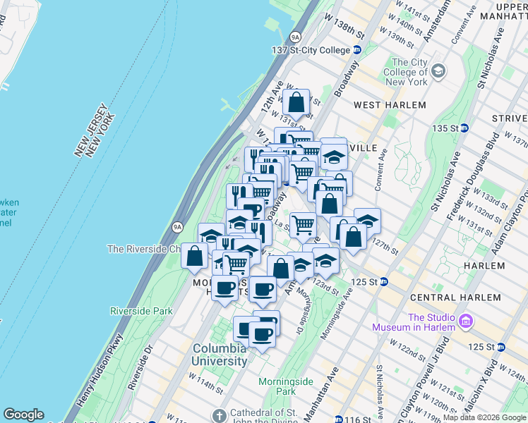 map of restaurants, bars, coffee shops, grocery stores, and more near 3139 Broadway in New York