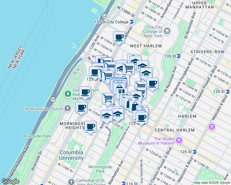 map of restaurants, bars, coffee shops, grocery stores, and more near 511 West 125th Street in New York