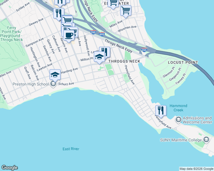 map of restaurants, bars, coffee shops, grocery stores, and more near 70 Sunset Trail in Bronx