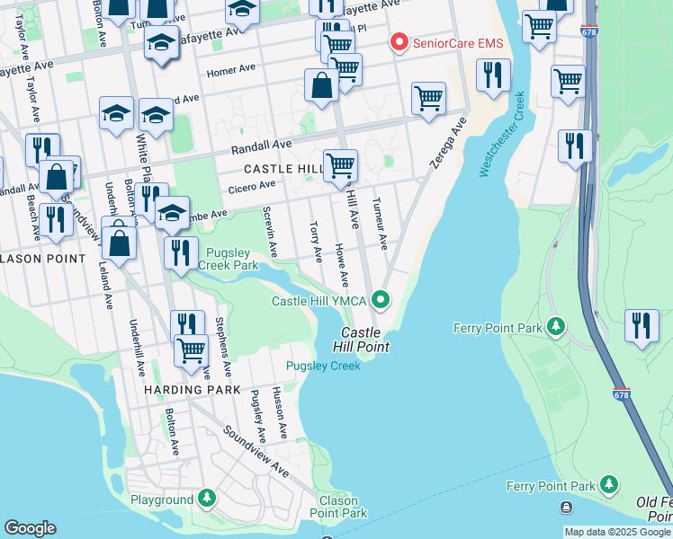 map of restaurants, bars, coffee shops, grocery stores, and more near 307 Howe Avenue in The Bronx