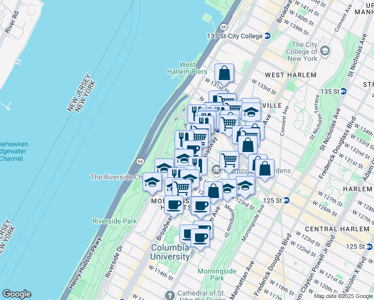map of restaurants, bars, coffee shops, grocery stores, and more near 167 Claremont Avenue in New York