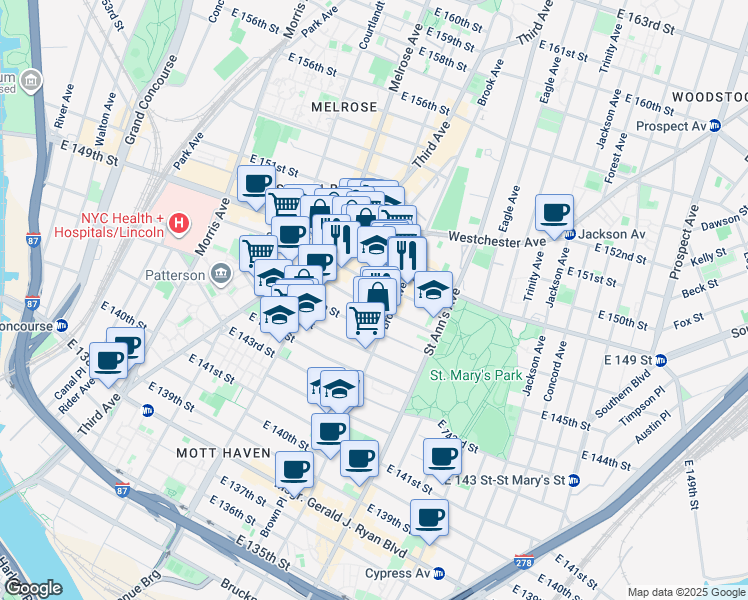 map of restaurants, bars, coffee shops, grocery stores, and more near 455 East 146th Street in Bronx