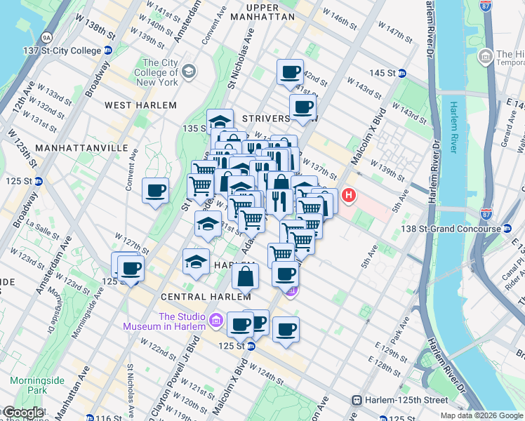 map of restaurants, bars, coffee shops, grocery stores, and more near 201 West 133rd Street in New York