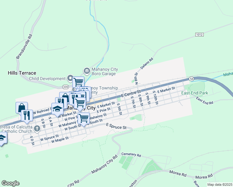 map of restaurants, bars, coffee shops, grocery stores, and more near 500 East Railroad Street in Mahanoy City