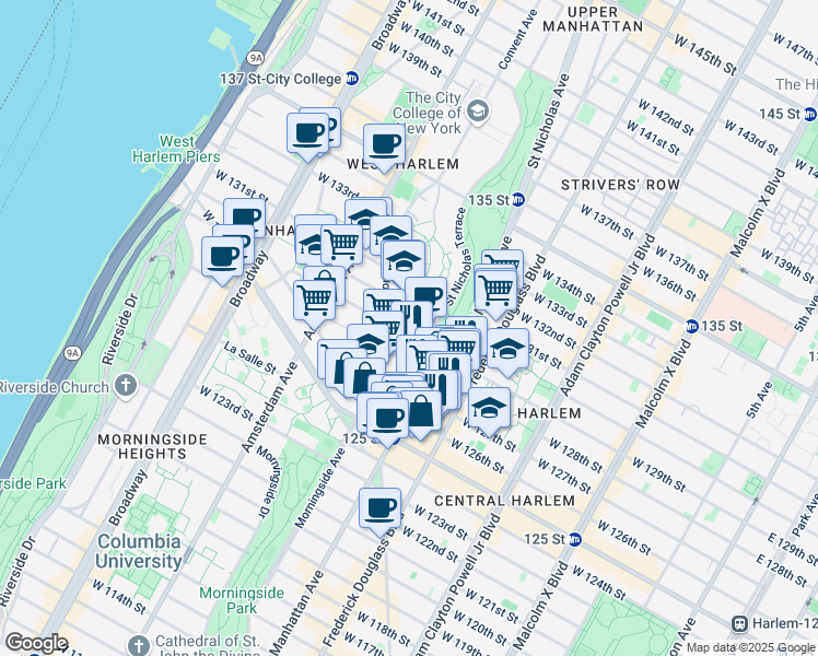 map of restaurants, bars, coffee shops, grocery stores, and more near 35 Saint Nicholas Terrace in New York